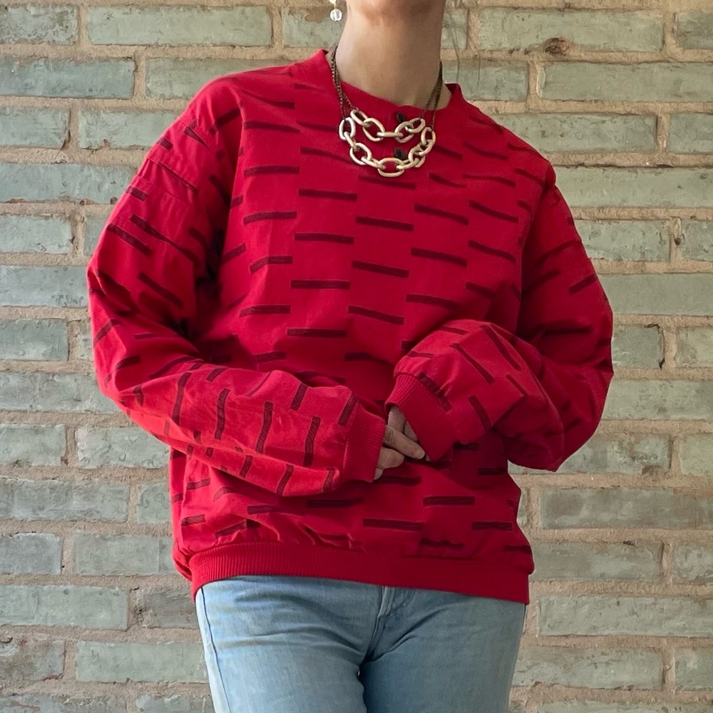 Vintage Dolman Shirt 80s Red Black Print Street Scenes Crewneck Pullover